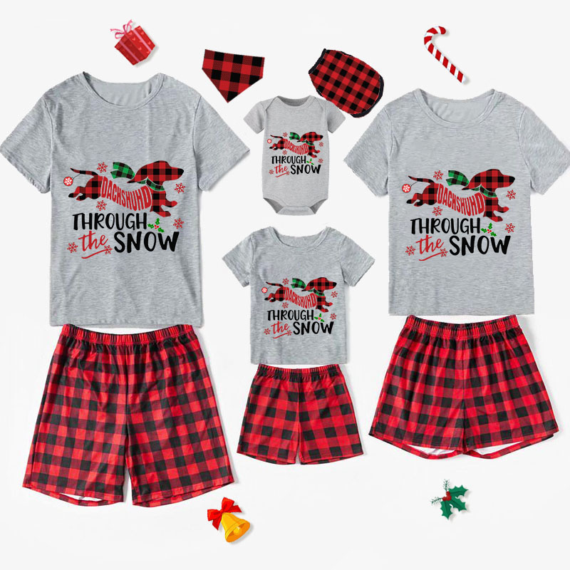 Christmas Matching Family Pajamas Dachshund Through the Snow Plaids Gray Short Pajamas Set