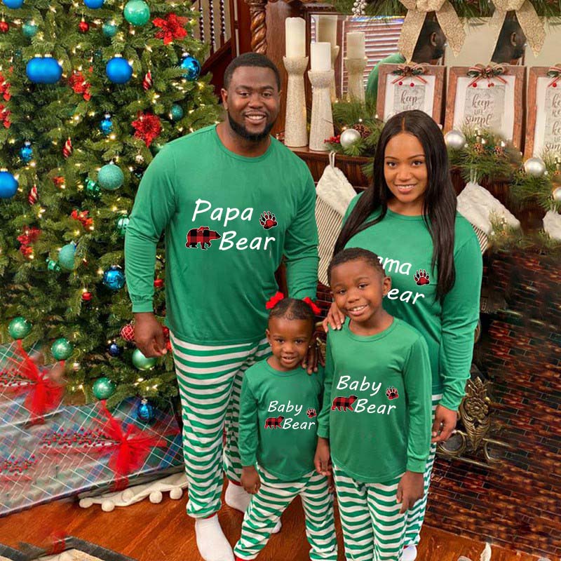 Christmas Matching Family Pajamas Papa Mama and Baby Bear Family Green Stripes Pajamas Set