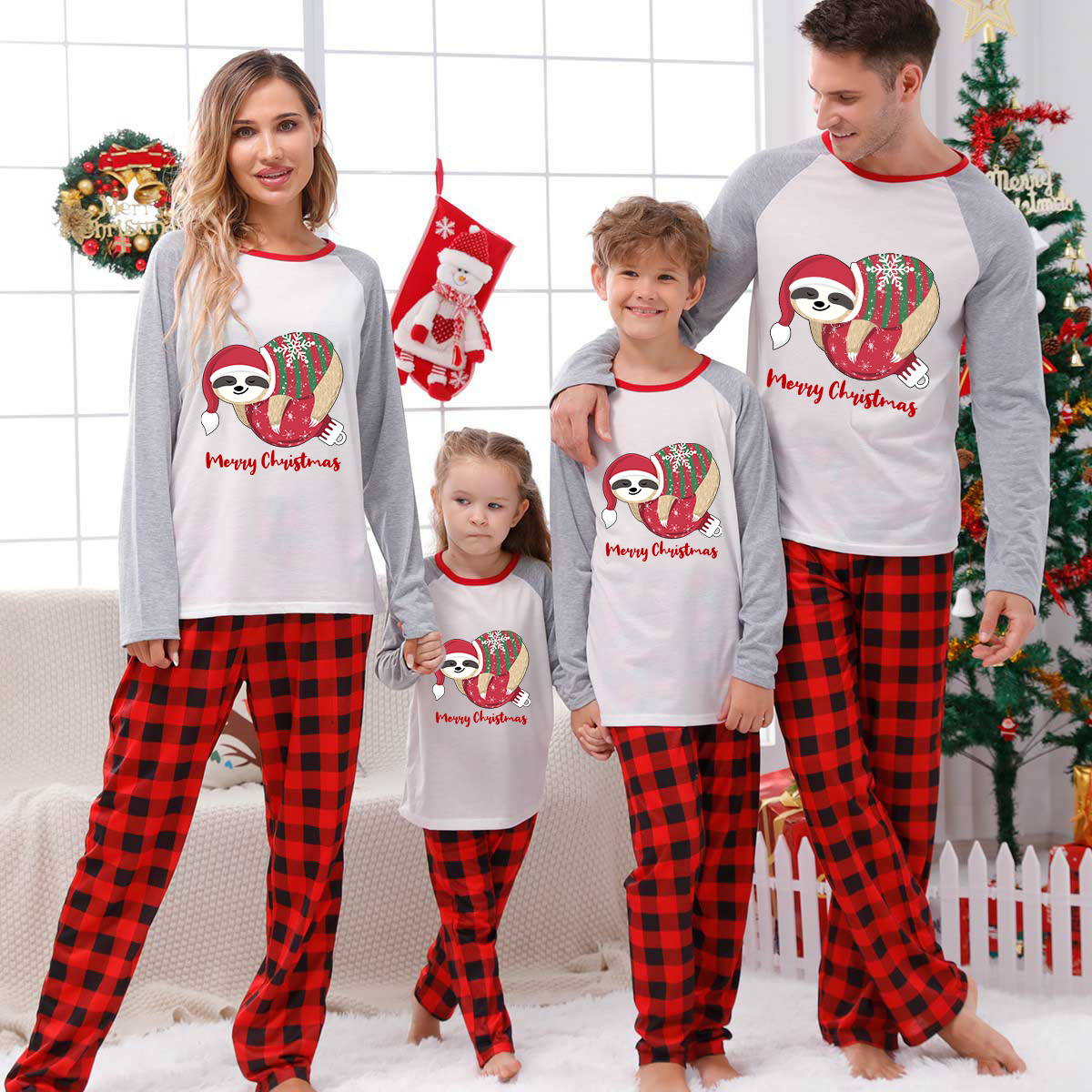Christmas Matching Family Pajamas Merry Christmas Sloth White Pajamas Set