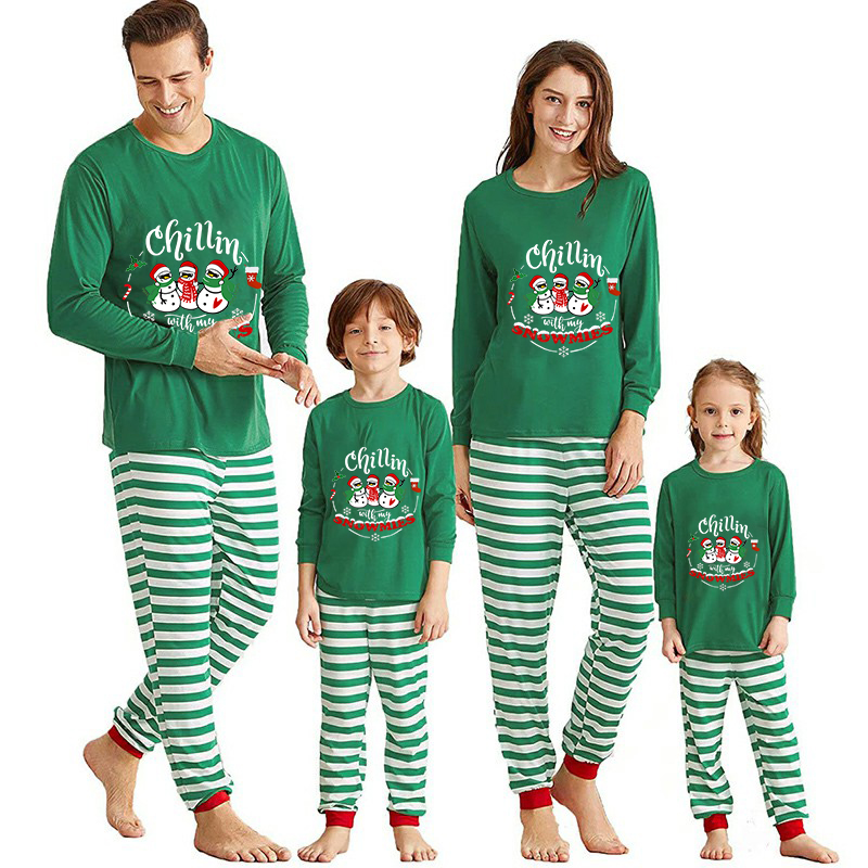 Christmas Matching Family Pajamas Wreath Chillin with Snowmies Green Stripes Pajamas Set