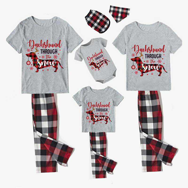 Christmas Matching Family Pajamas Dachshund Through the Snow Plaids White Short Pajamas Set