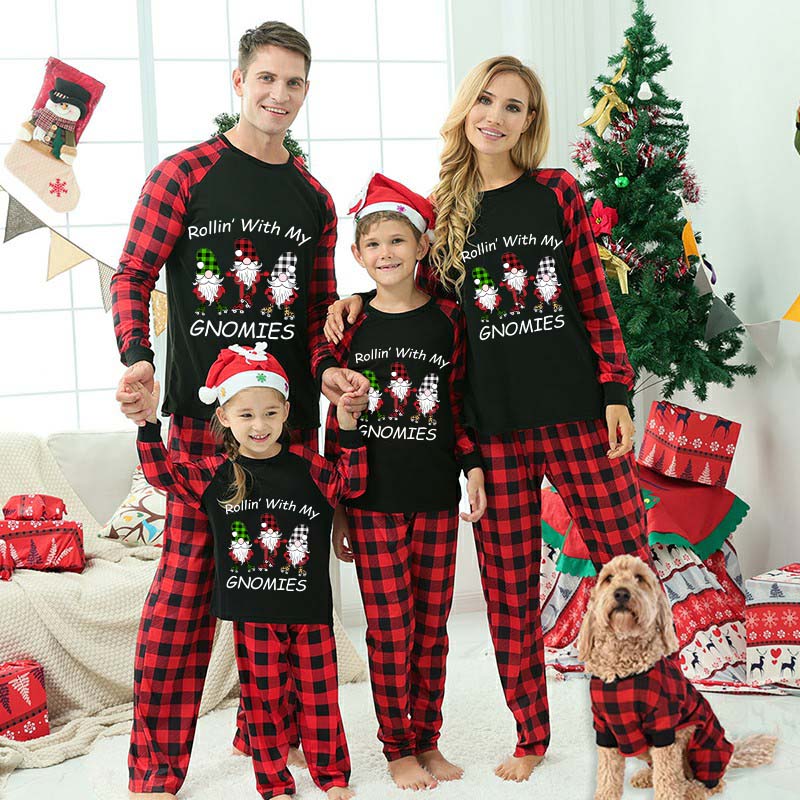 Christmas Matching Family Pajamas Rollin' with My Gnomies Black Pajamas Set