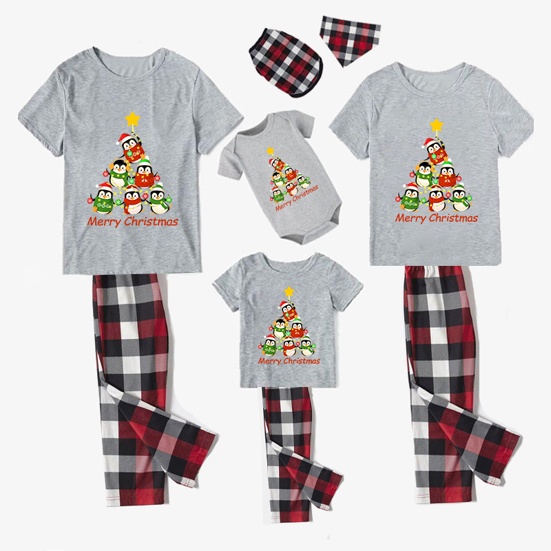 Christmas Matching Family Pajamas Penguins Tree Merry Christmas Gray Short Pajamas Set