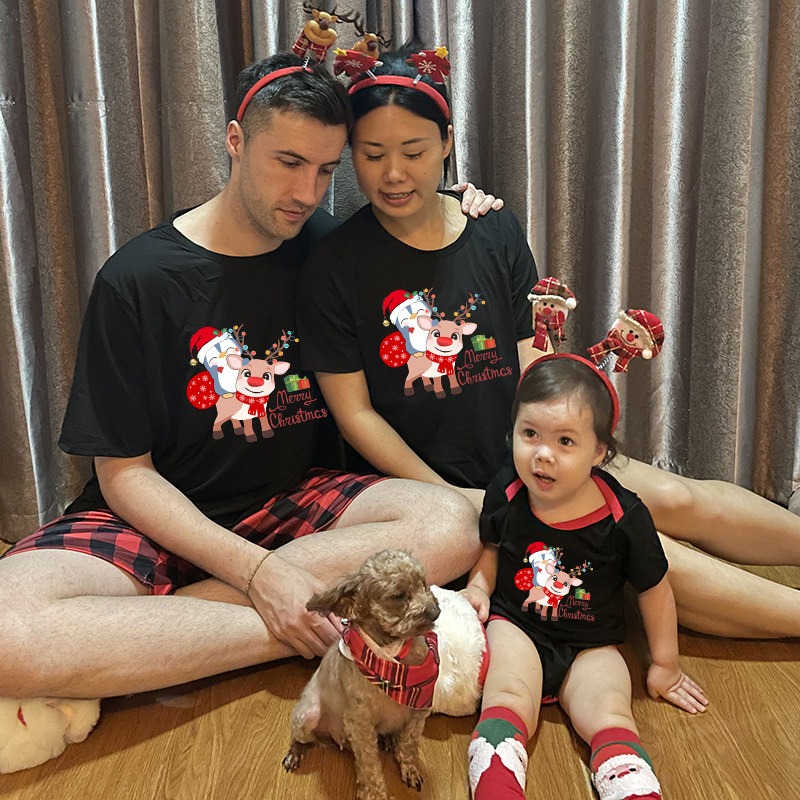 Christmas Matching Family Pajamas Merry Christmas Penguin Deer Black Pajamas Set
