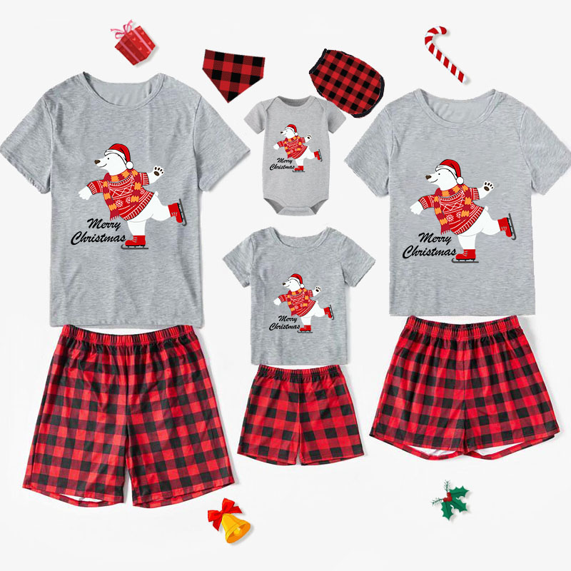 Christmas Matching Family Pajamas Skating Bear Merry Christmas White Short Pajamas Set