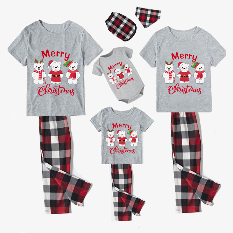 Christmas Matching Family Pajamas Three Bear Snowman Merry Christmas Gray Short Pajamas Set
