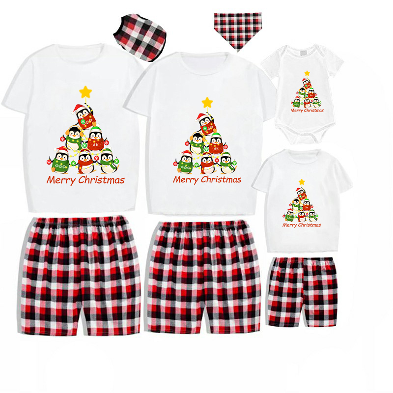 Christmas Matching Family Pajamas Penguins Tree Merry Christmas White Short Pajamas Set