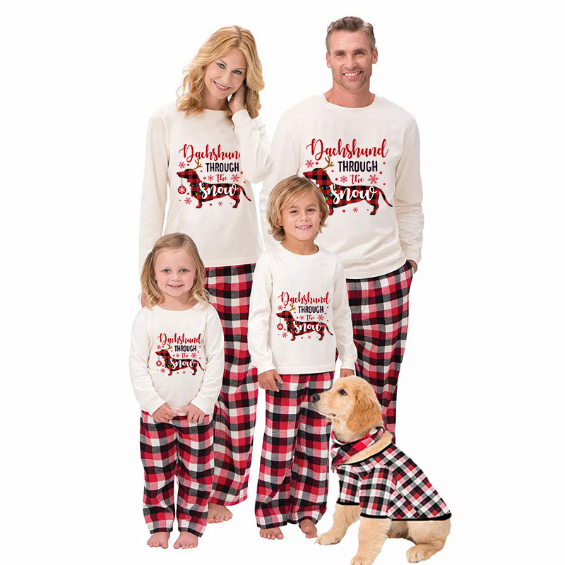 Christmas Matching Family Pajamas Dachshund Through the Snow Plaids White Pajamas Set