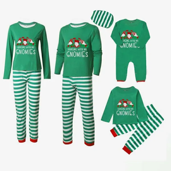 Christmas Matching Family Pajamas Sitting Gnimoes Green Strips Pajamas Set