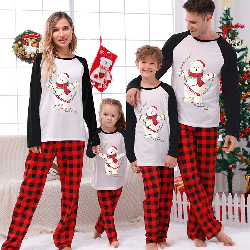 Christmas Matching Family Pajamas Christmas String Light Bear White Pajamas Set