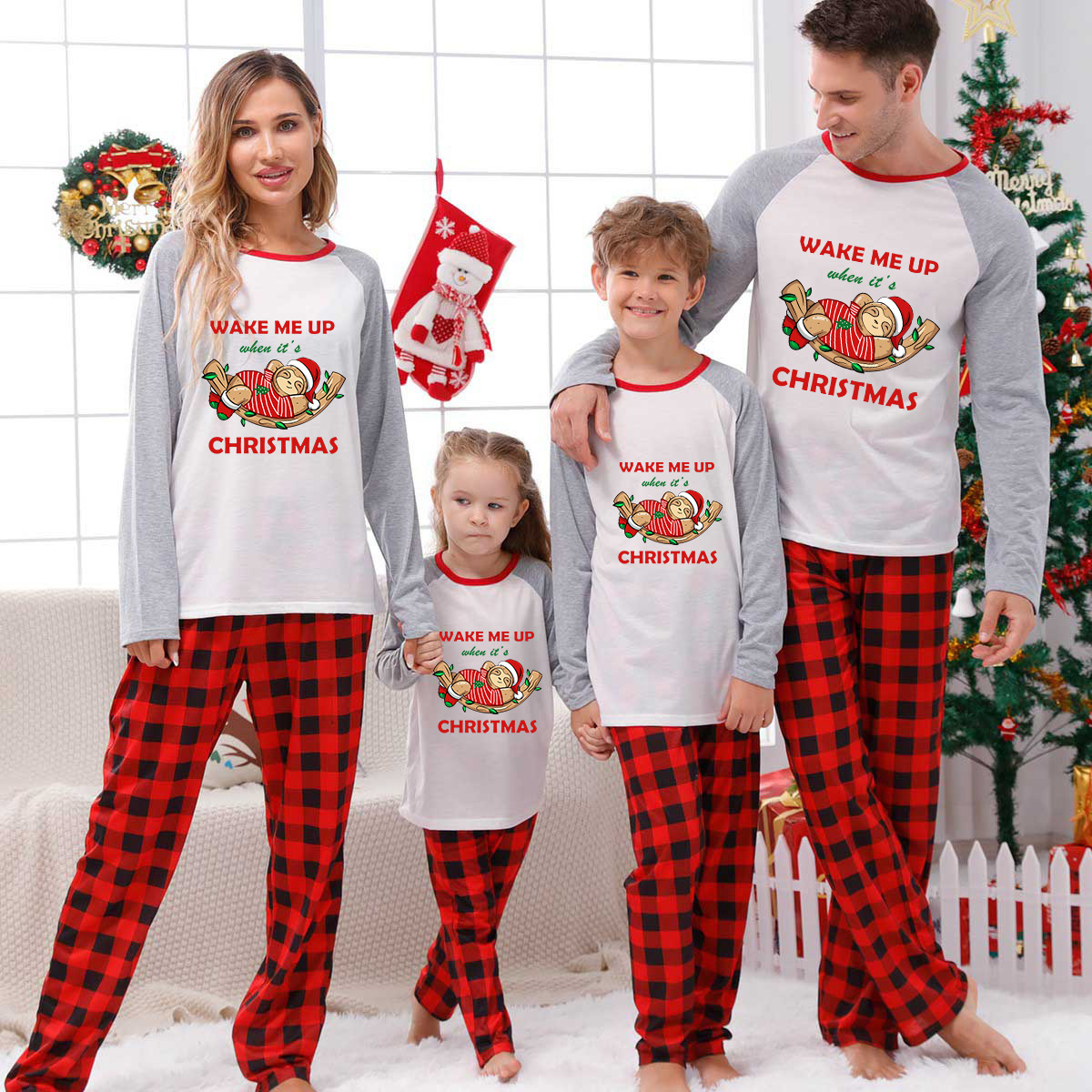 Christmas Matching Family Pajamas Wake Me Up When It's Christmas White Pajamas Set