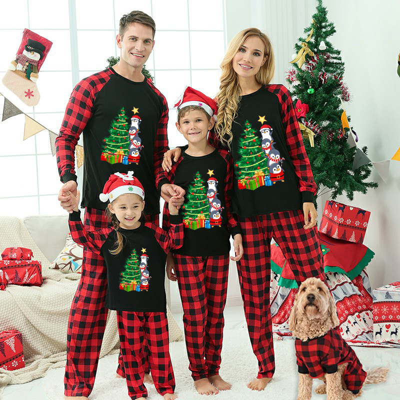 Christmas Matching Family Pajamas Christmas Tree Gift Penguins Black Pajamas Set