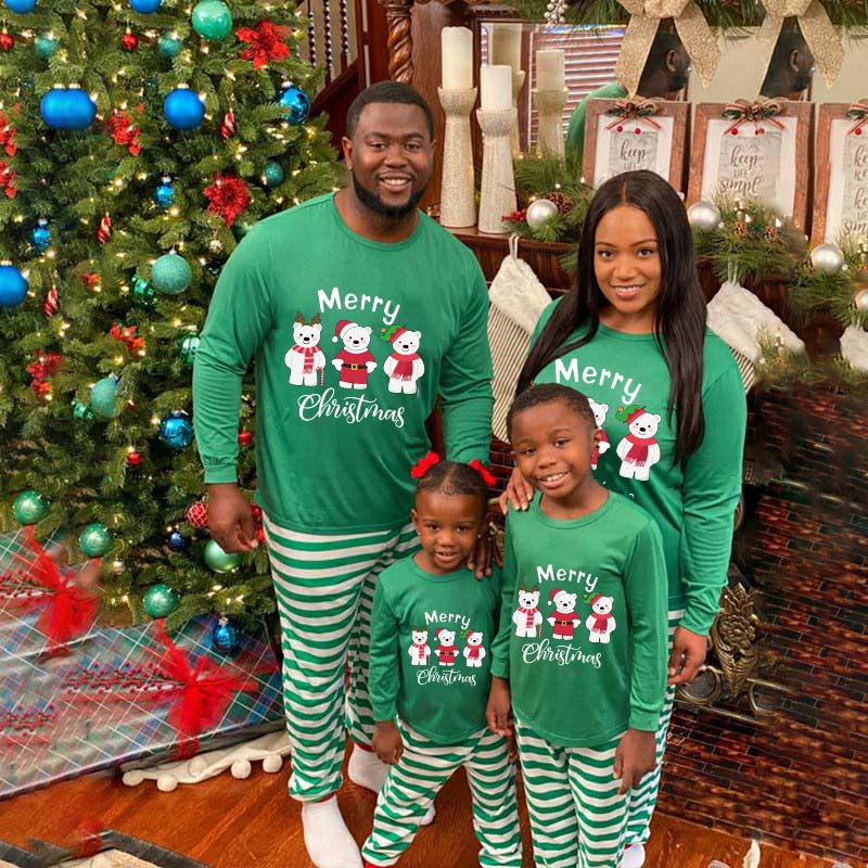 Christmas Matching Family Pajamas Three Bear Snowman Merry Christmas Green Stripes Pajamas Set