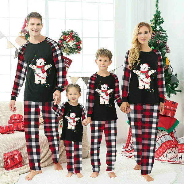 Christmas Matching Family Pajamas Christmas String Light Bear Black Red Plaids Pajamas Set