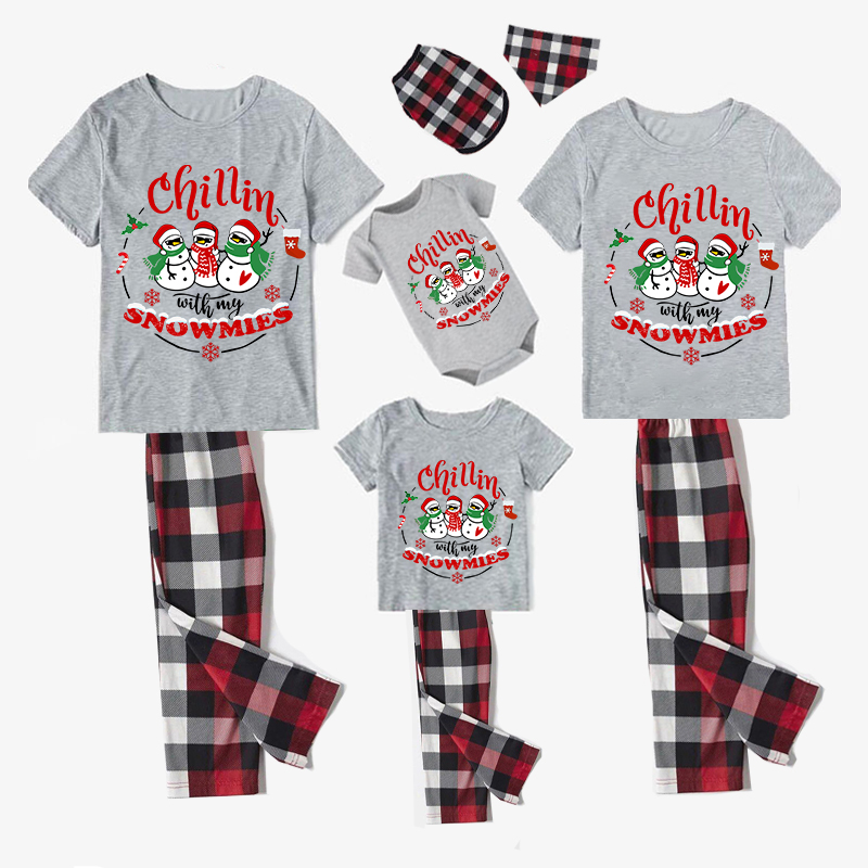 Christmas Matching Family Pajamas Wreath Chillin with Snowmies White Short Red Pants Pajamas Set