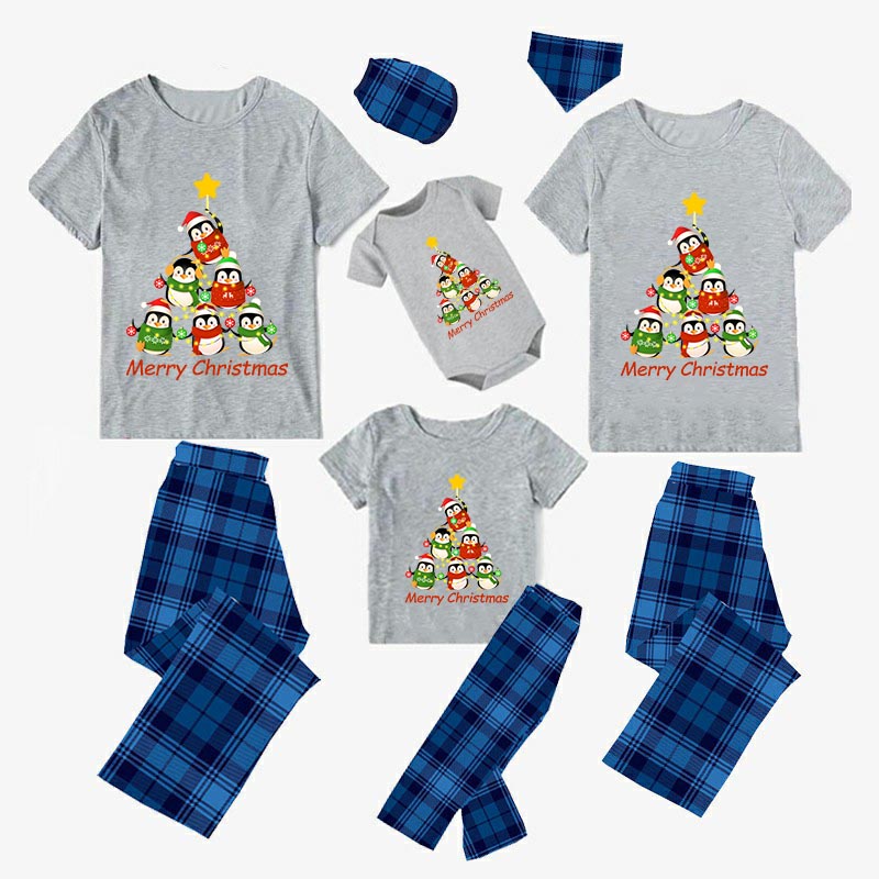 Christmas Matching Family Pajamas Penguins Tree Merry Christmas Blue Pajamas Set