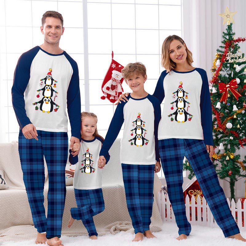 Christmas Matching Family Pajamas Penguins Christmas Pendant Blue Pajamas Set