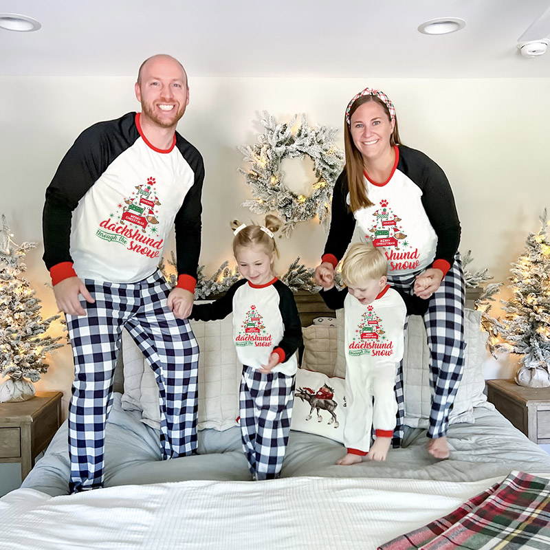 Christmas Matching Family Pajamas Dachshund Through the Snow Tree Gray Pajamas Set