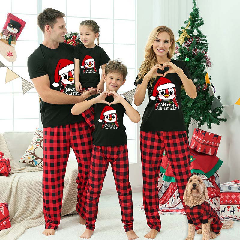 Christmas Matching Family Pajamas Hat Penguins Merry Christmas Black Pajamas Set