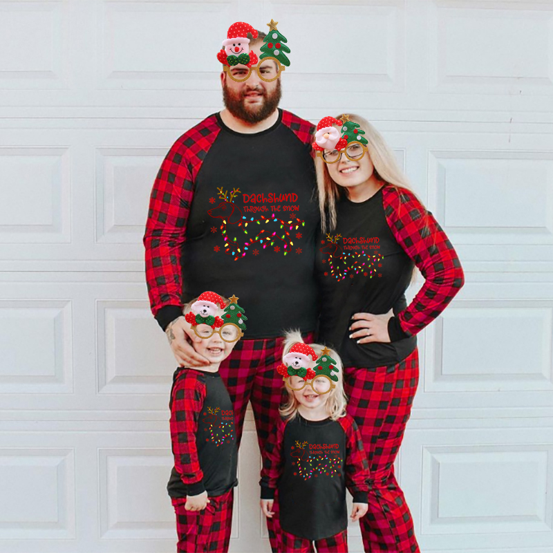 Christmas Matching Family Pajamas Dachshund Through the Snow Light Black Pajamas Set