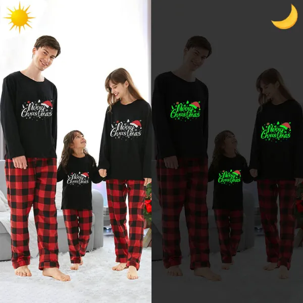 Christmas Matching Family Pajamas Luminous Glowing Merry Christmas Hat Black Pajamas Set