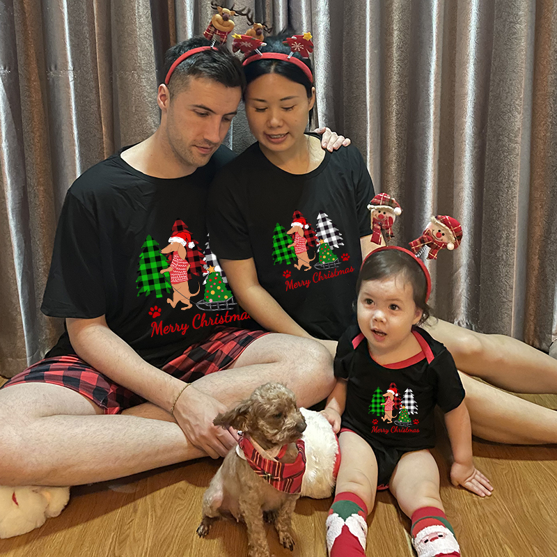 Christmas Matching Family Pajamas Merry Christmas Dachshund Tree Black Pajamas Set