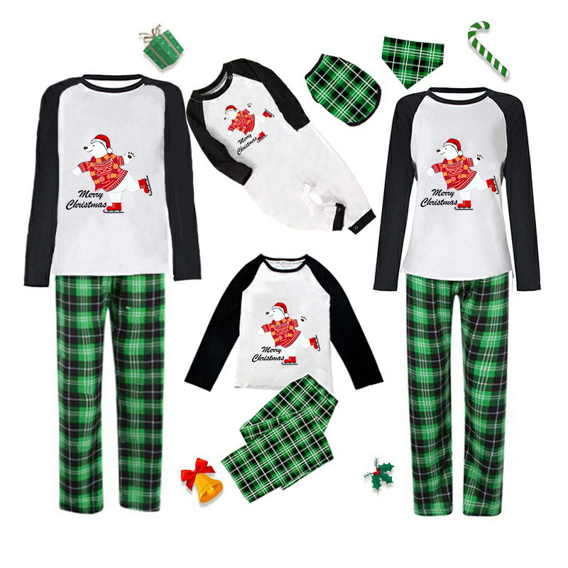 Christmas Matching Family Pajamas Skating Bear Merry Christmas Green Pajamas Set
