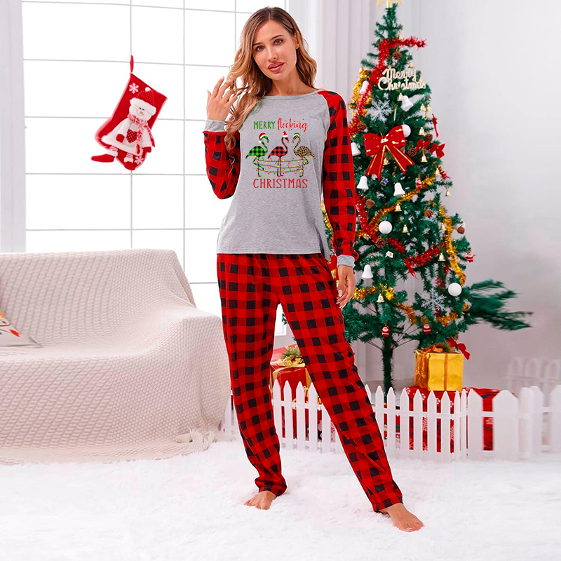 Christmas Matching Women Pajamas Merry Flocking Christmas Female Black Pajamas Set