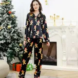 Women Two Pieces Fabric Cotton Pajamas Gingerbread Man Christmas Black Sleepwear Set