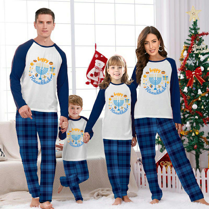 Christmas Matching Family Pajamas Happy Hanukkah Candlestick Gift Blue Pajamas Set