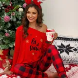 Women Two Pieces Homewear One Shoulder Long Sleeve Tops and Plaid Pants Christams Pajamas