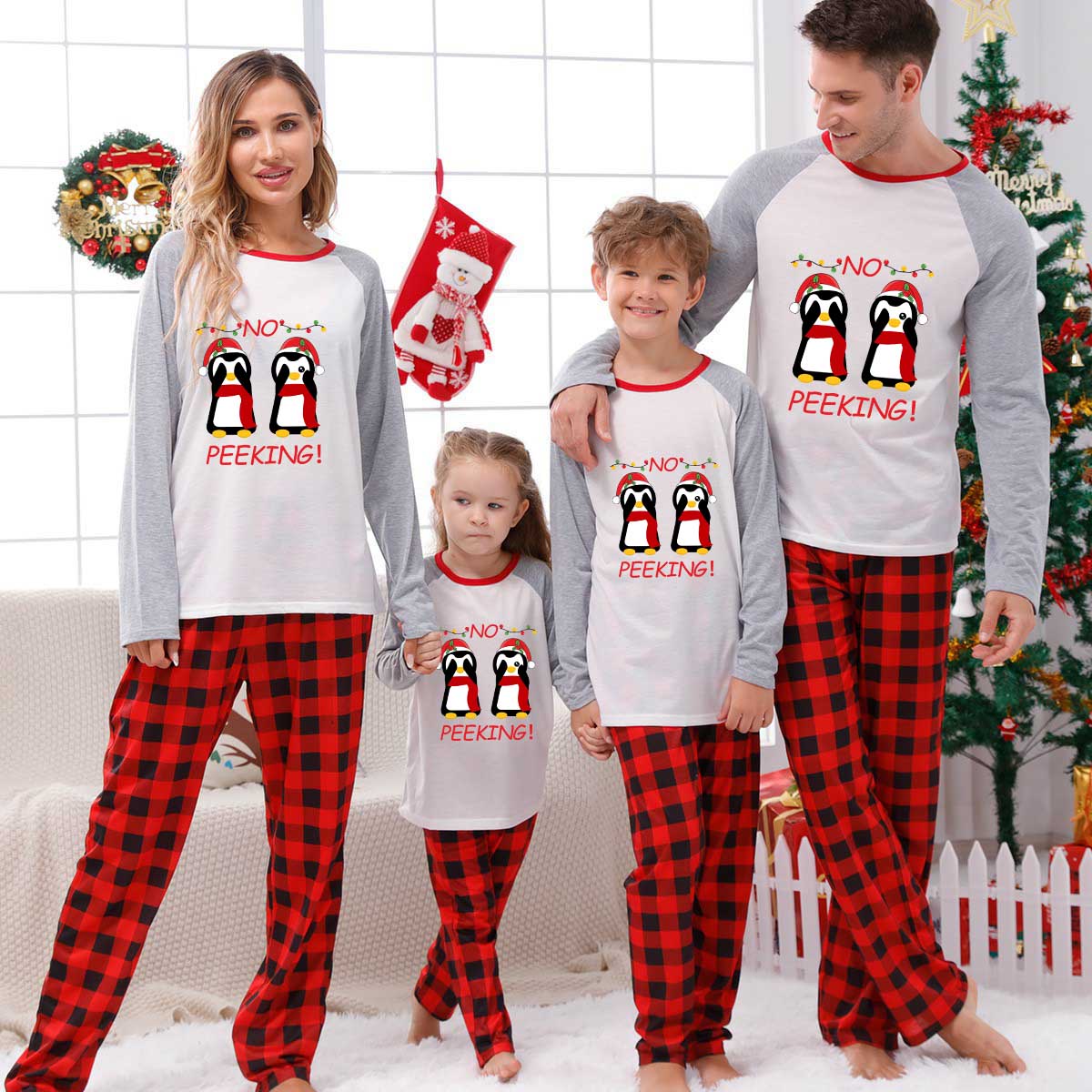 Christmas Matching Family Pajamas Funny No Peeking Penguins White Pajamas Set