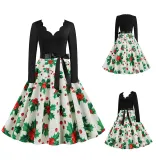 Women Santa Claus Long Sleeve Deep V Floral Collar Christmas Dress