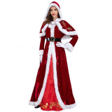 Women Santa Claus Maxi Dress with Fancy Cloak and Belt Gloves