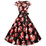 Women Vintage Sleeveless A-line Bowtie HO HO Santa Claus Print Ugly Christmas Dress