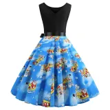 Women Vintage Sleeveless A-line Bowtie Santa Claus Print Ugly Christmas Dress