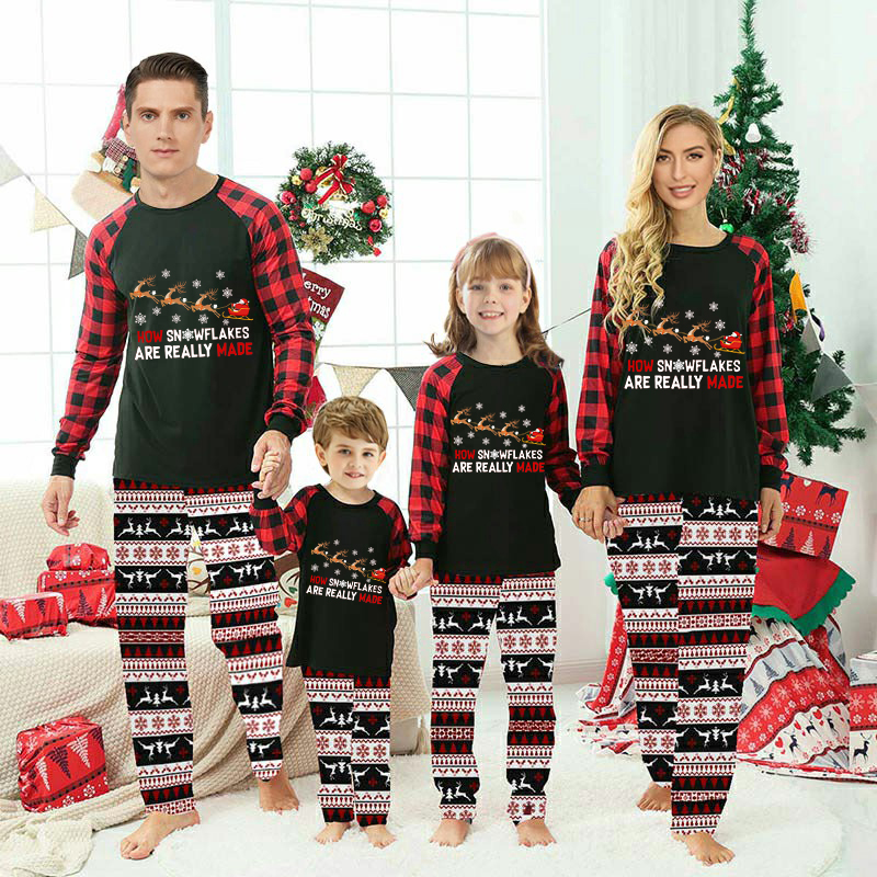 Christmas Matching Family Pajamas Funny Flying Reindeer Snowflakes are Really Made Red Black Pajamas Set