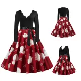 Women Santa Claus Long Sleeve Deep V Floral Collar Christmas Dress