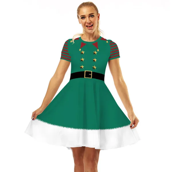 Women Christmas A-Line Short Sleeve Round Neck Elf Ugly Dress