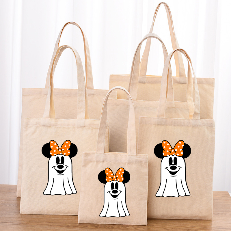 Halloween Eco Friendly Cartoon Cute Mouse Gost Handle Canvas Bottomless Tote Bag