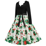Women Santa Claus Long Sleeve Deep V Floral Collar Christmas Dress