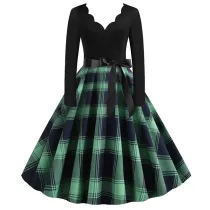 Women Christmas Plaid Long Sleeve Deep V Floral Collar Christmas Dress