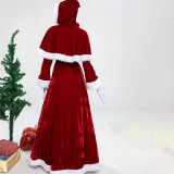 Women Santa Claus Maxi Dress with Fancy Cloak and Belt Gloves