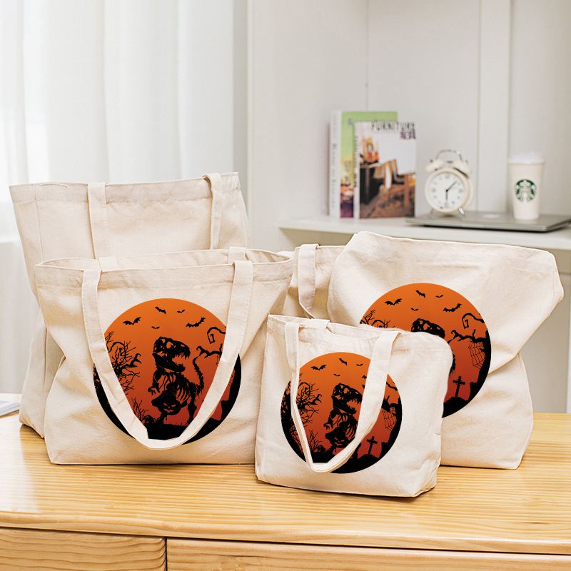 Halloween Eco Friendly Midnight Dinosaurs Handle Canvas Tote Bag