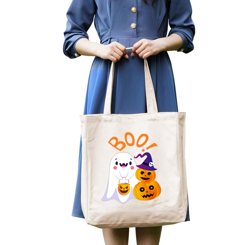 Halloween Eco Friendly BOO Pumpkins Ghost Handle Canvas Tote Bag