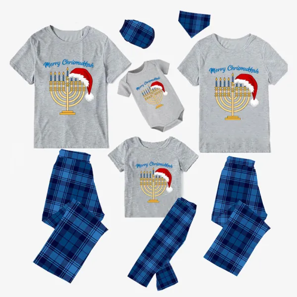 Christmas Matching Family Pajamas Happy Hanukkah Christmas Hat Candlestick Blue Short Pajamas Set