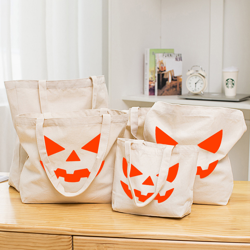 Halloween Eco Friendly Pumpkins Devil Mask Handle Canvas Tote Bag