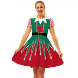Women Christmas A-Line Short Sleeve Round Neck Elf Dress