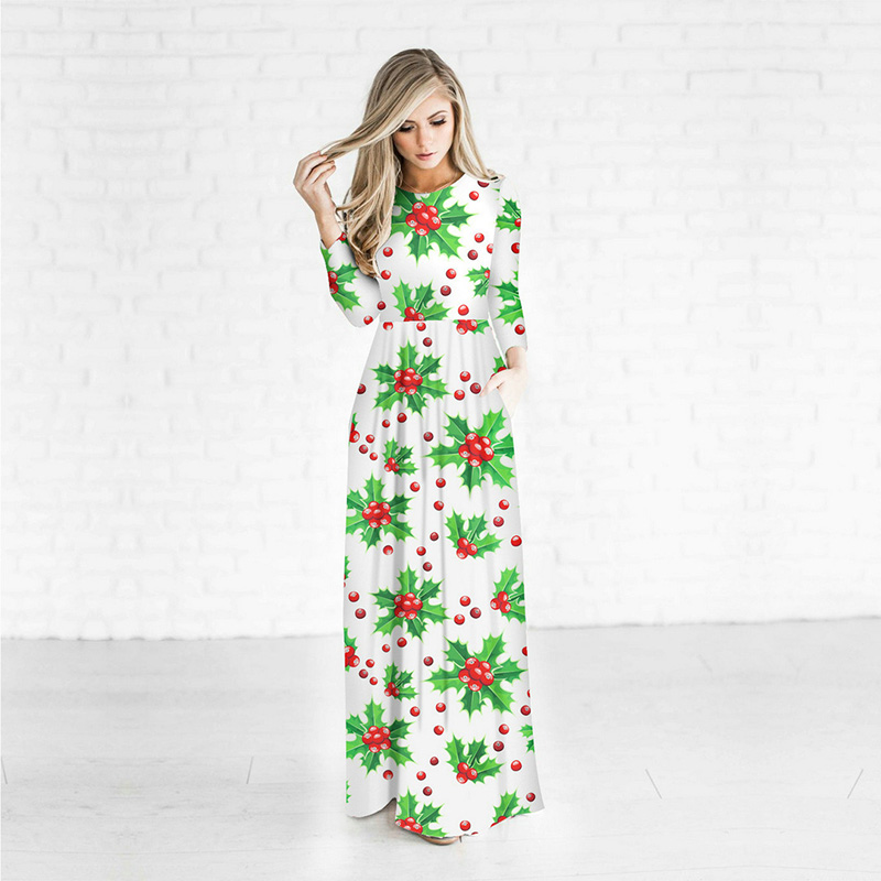 Women Long Sleeve Christmas Ornament Prints Ugly Maxi Dress