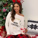 Women Two Pieces Homewear One Shoulder Long Sleeve Tops and Plaid Pants Christams Pajamas